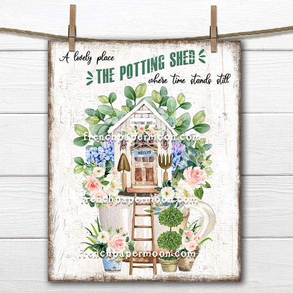 Potting Shed, Teacup Garden, Digital, Spring Garden, DIY Potting Shed Sign, Garden Lover, Wreath Attachment, Wood, PNG, Fabric Transfer