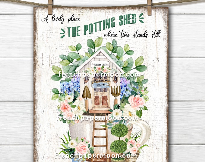 Potting Shed, Teacup Garden, Digital, Spring Garden, DIY Potting Shed Sign, Garden Lover, Wreath Attachment, Wood, PNG, Fabric Transfer