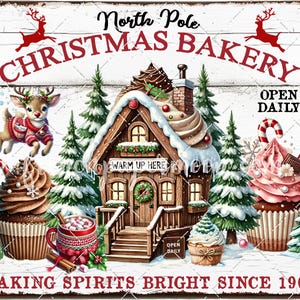 以下が含まれることがあります： クリスマスベーカリーをテーマにしたビンテージスタイルの金属製の看板。赤いドアと雪で覆われた屋根のジンジャーブレッドハウスが、クリスマスツリーとカップケーキに囲まれています。看板には「North Pole Christmas Bakery」と「Baking Spirits Bright Since 1901」と書かれています。
