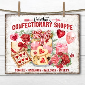 Valentine Confectionary Sign, Valentine Cookies, Macarons, Balloons, Farmhouse, DIY Sign, Fabric Transfer, Wreath Digital Print, Sublimation