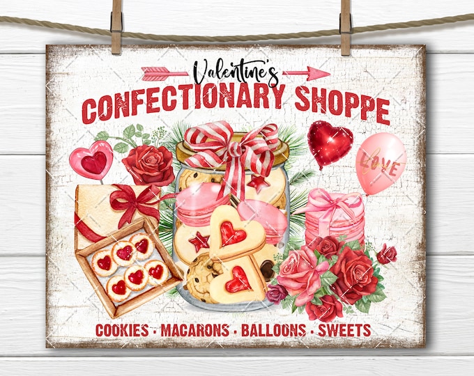 Valentine Confectionary Sign, Valentine Cookies, Macarons, Balloons, Farmhouse, DIY Sign, Fabric Transfer, Wreath Digital Print, Sublimation