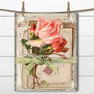 Letras digitales de estilo shabby francés, rosas vintage, paquete de letras, rosa imprimible, imagen de almohada, transferencia gráfica, manualidades, decoración del hogar