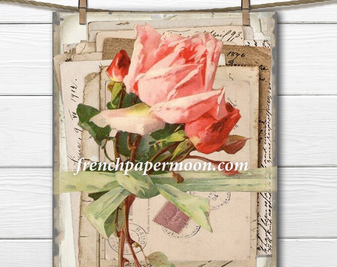 Digital Shabby French Ephemera Letters, Vintage Roses, Bundle of Letters, Printable Rose, Pillow Image, Graphic Transfer, Crafts, Home Decor