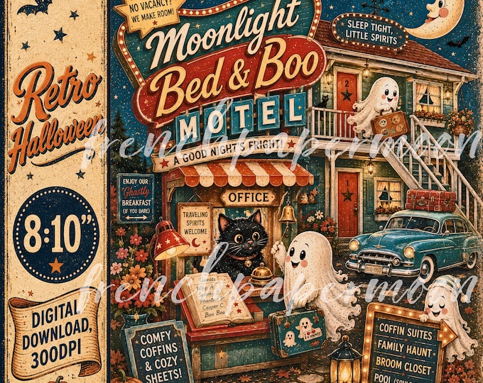 Retro Halloween Halloween Wall Art Friendly Ghost Black Cat Printable, DIY Sign, Digital Download