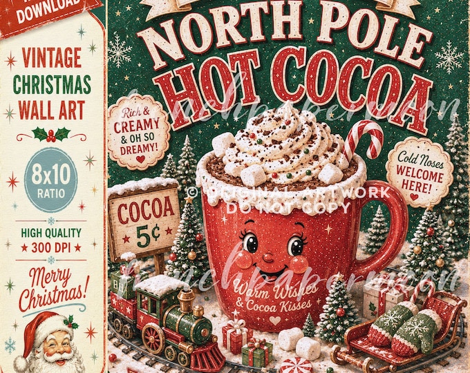 North Pole Hot Cocoa Christmas Printable, Retro Sign, Wall Art, Digital Download, 8x10 Holiday Sign