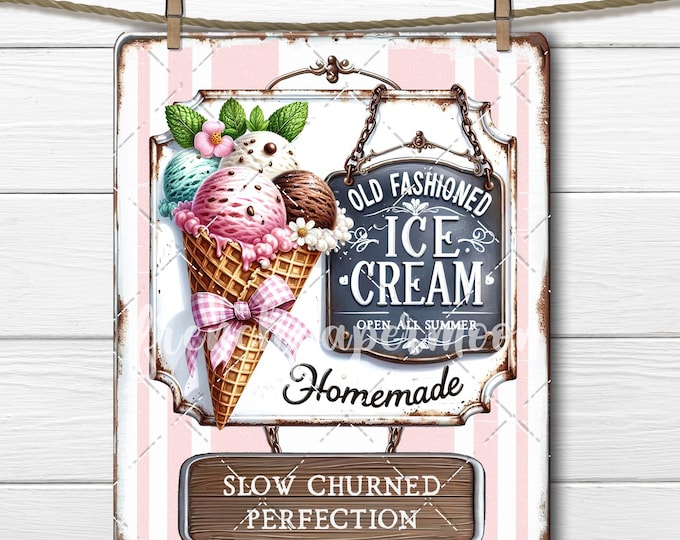 Vintage Ice Cream Metal Sign, Old-Fashioned Retro Summer Digital for Fabric transfer, Decals, Stickers, Signs, DIY Crafts, PNG Sublimation