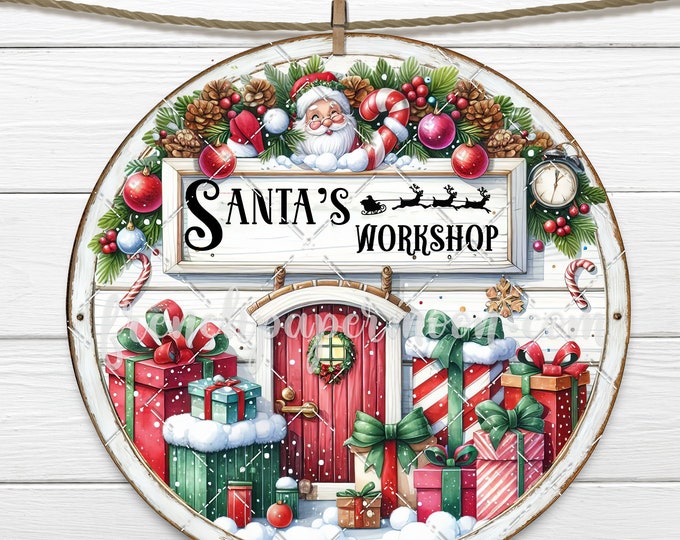 Santa's Workshop Circle Sublimation DIY Sign Making Fabric Transfer Christmas Round Design Doorhanger Wreath Accent Tiered Tray Decor PNG