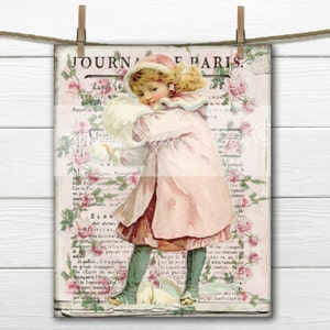 Shabby Pink Christmas, Victorian Girl Collage, Vintage Snow Girl, Digital Printable Christmas Image, Transfer