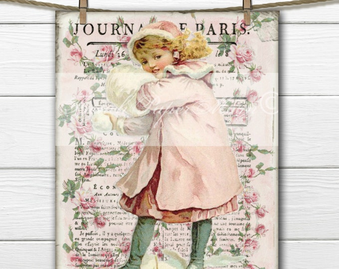 Shabby Pink Christmas, Victorian Girl Collage, Vintage Snow Girl, Digital Printable Christmas Image, Transfer