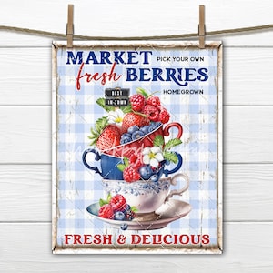Summer Fruit Berries Stacked Cups Strawberry Blueberry Raspberry DIY Sign Making Fabric Transfer Kitchen Decor Wreath Accent Digital Print
