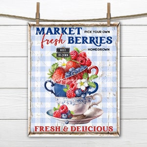 Summer Fruit Berries Stacked Cups Strawberry Blueberry Raspberry DIY Sign Making Fabric Transfer Kitchen Decor Wreath Accent Digital Print