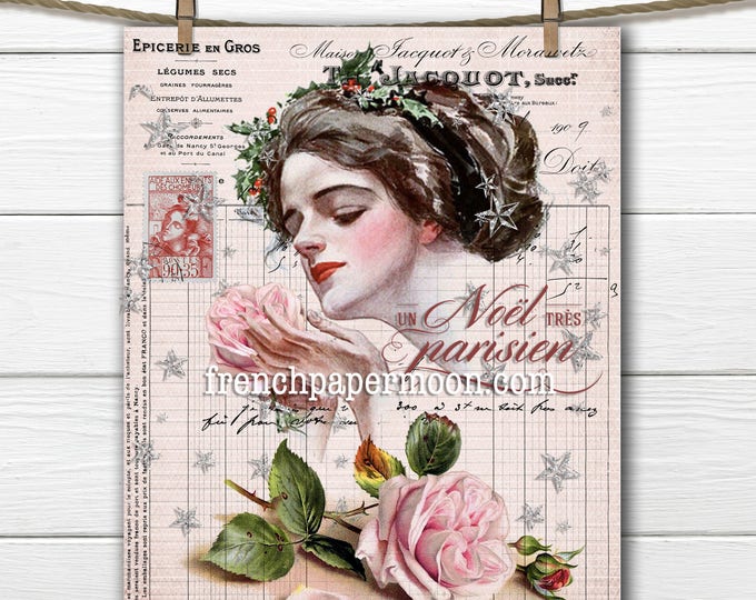 Shabby Pink Christmas, Vintage Lady, Harrison Fisher, Digital Image, French Pillow, Christmas Crafts, Large Size