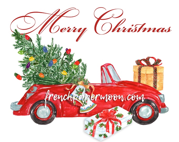 Red Christmas Buggy Printable, Convertible Beetle, Christmas Car with Tree, Instant Download Pillow Transfer Image