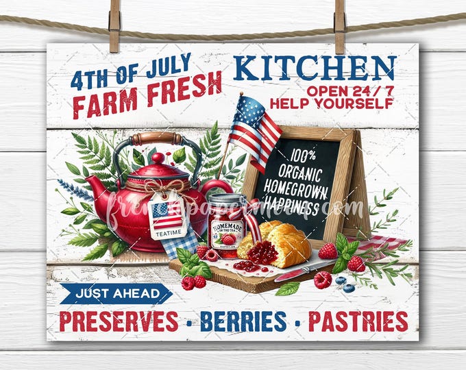Patriotic Kitchen Tiered Tray PNG – 4th of July Teapot and Summer Fruit Digital for DIY Crafts & Sublimation