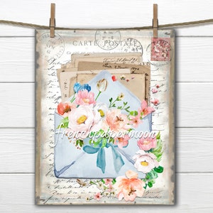 Cartas de amor digitales, sobres, flores, efímeras gráficas francesas, imagen de almohada francesa, transferencia, día de San Valentín, día de la madre imprimible