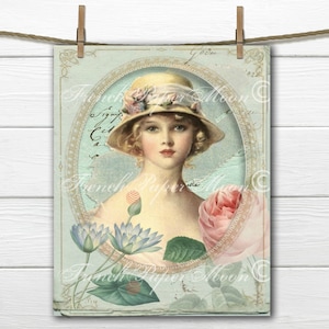 Digitale shabby französische Dame mit Rosen, Vintage Portrait, französische Kissen digitale Grafik Transferbild sofort Download