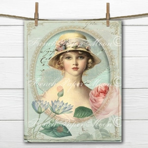 Digital Shabby French Lady with Roses, Vintage Portrait, French Pillow Digital Graphic Transfer Image Instant Download