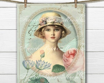 Digital Shabby French Lady with Roses, Vintage Portrait, French Pillow Digital Graphic Transfer Image Instant Download