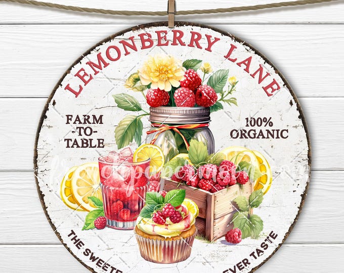 Round Farmhouse Raspberry Lemons Mason Jar Lemonade Cupcake DIY Sign Making  Digital Print Wreath Accent png Fabric transfer Decoupage PNG