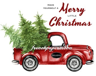 Christmas Truck Digital, Vintage Red Pickup, Pine Tree, Retro Car, Christmas Pillow Image, Instant Download Printable Xmas Transfer Graphic
