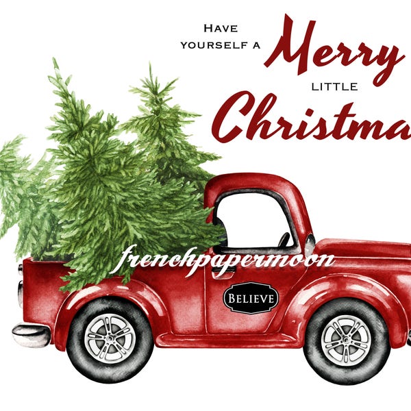 Christmas Truck Digital, Vintage Red Pickup, Pine Tree, Retro Car, Christmas Pillow Image, Instant Download Printable Xmas Transfer Graphic