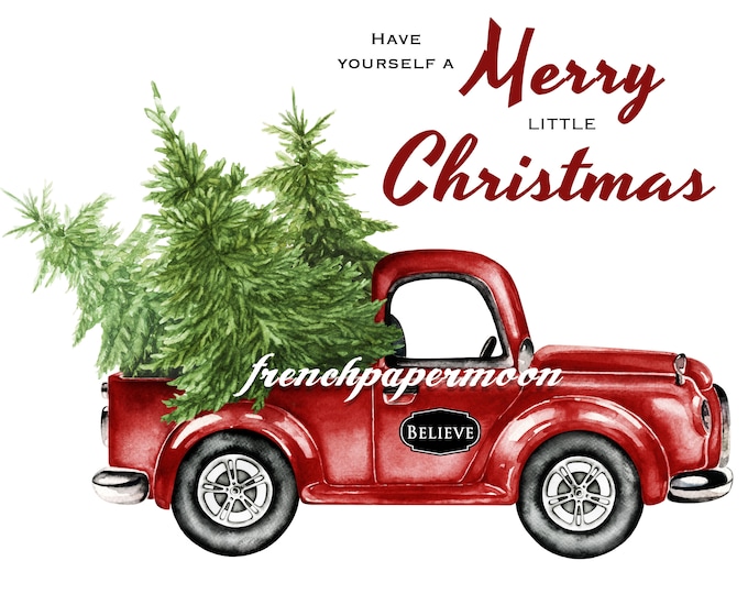 Christmas Truck Digital, Vintage Red Pickup, Pine Tree, Retro Car, Christmas Pillow Image, Instant Download Printable Xmas Transfer Graphic