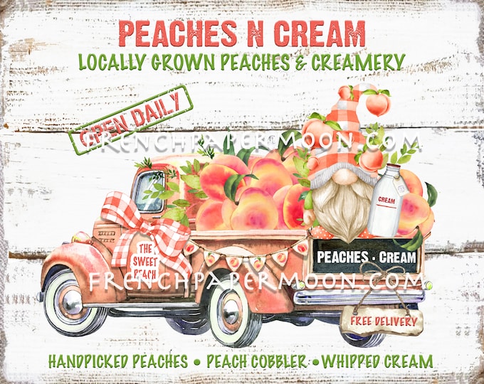 Gnome Truck, Peaches, Modern Farmhouse, Pickup, Peaches n Cream, DIY Peach Sign, Pillow Image, Tiered Tray Decor, Fabric TransferWood PNG