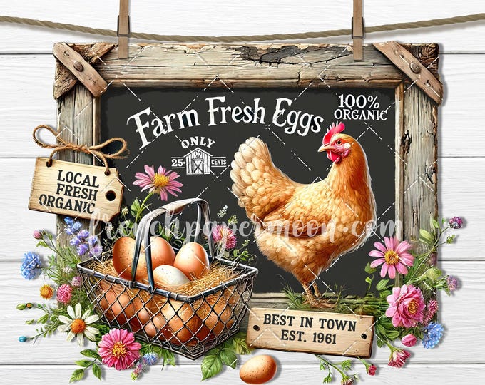 Rustic Farm Fresh Eggs, Spring Flowers, Hen, Chalkboard Farmhouse DIY Sign, Digital Printable, Home Decor Print, Transfer, Sublimation PNG