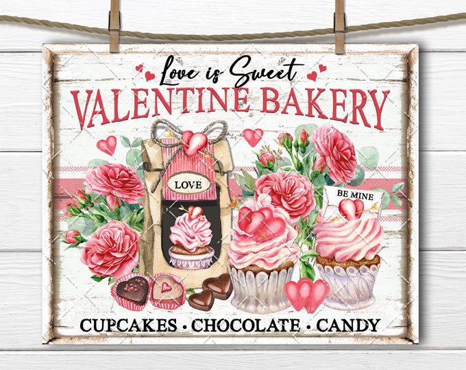 Valentine Bakery Pink Cupcakes Heart Chocolates Roses DIY Sign Making Fabric Transfer Tiered Tray Home Decor Digital Print Wreath Accent PNG