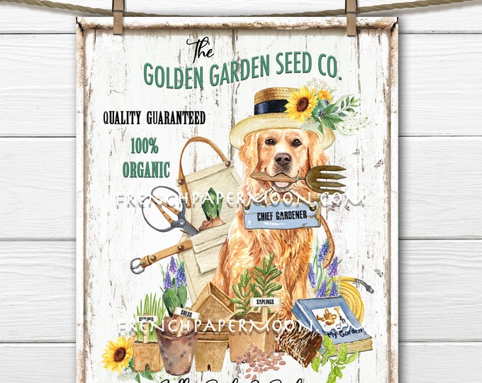 Spring Garden, Digital, Seeds, Bulbs, Tools, Golden Retriever, DIY Garden Sign, Fabric Transfer, Wreath Decor, Pillow Image, Spring Decor