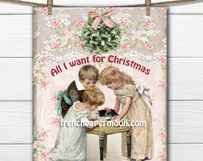 Adorable Shabby Kitten, Cat Christmas Digital, Christmas Pillow, Vintage Children, Mistletoe, Pink Christmas, Christmas Pillow, Crafts