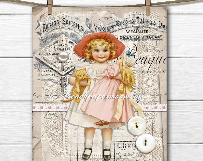 French Button Card Printable, Victorian Girl with Buttons, Cat, Paper Doll, Vintage Sewing, French Ephemera, Lace Button Card