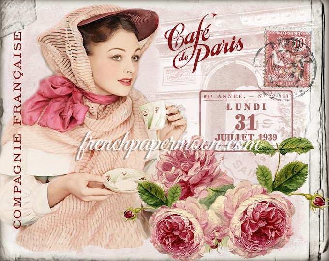 Shabby French Tea Digital Graphic, French Cafe, Arc de Triomphe, Roses, Large Image Transfer, French Crafts, French Pillow Image