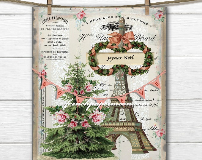 Digital Christmas in Paris Graphic, Shabby Roses, French Typography, Christmas Pillow, Printable Graphic Transfer Image 0115