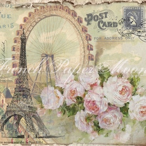 Cartão postal francês gasto digital, Torre Eiffel, roda gigante, folha de colagem digital, download digital instantâneo, gráfico de transferência de Paris