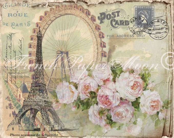 Digital Shabby French Postcard, Eiffel Tower, Ferris Wheel, Digital Collage Sheet, Instant Digital Download, Paris Transfer Graphic