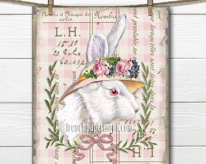 Adorable Shabby Bunny with Bonnet, Large French Graphic Transfer, Pillow Image, Easter Crafts, Springtime Rabbit