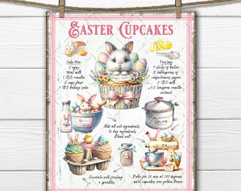 Easter Cupcake Recipe Digital Print DIY Signs Tiered Tray Decor Bunny Rabbit DTF Transfer Kitchen Home Decor Crafts Gift Idea Wreath Accent