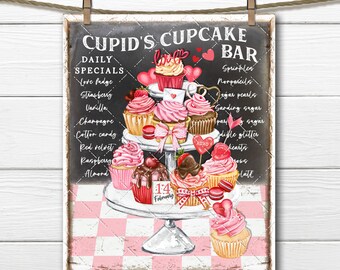 Valentine Cupcake Bar Tiered Tray Pink Cupcakes Cupid Chalkboard DIY Sign Making Fabric Transfer Tiered Tray Home Decor Digital Sublimation
