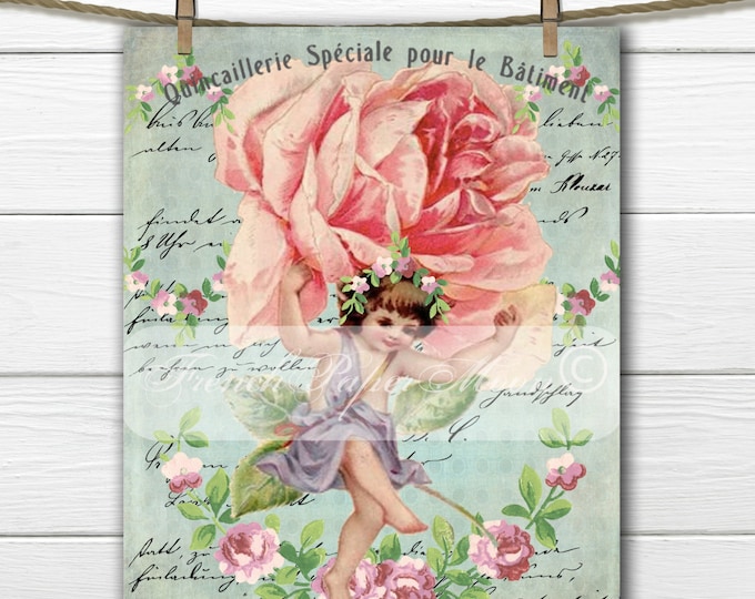 Vintage Shabby Chic Victorian Fairy, Vintage Fairy, Roses, French Typography, Instant Download Graphic Transfer