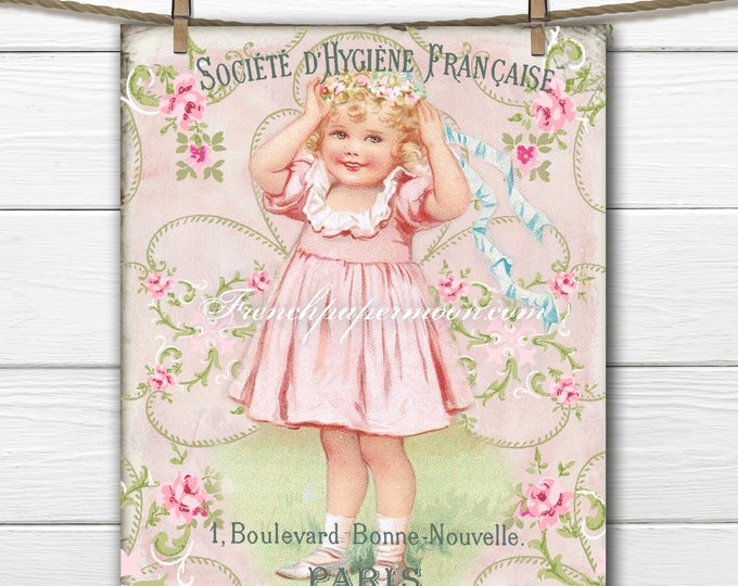 Adorable Vintage Girl, French Typography, Flowers, Digital Download, French Pillow Image, Transfer, Scrapbooking