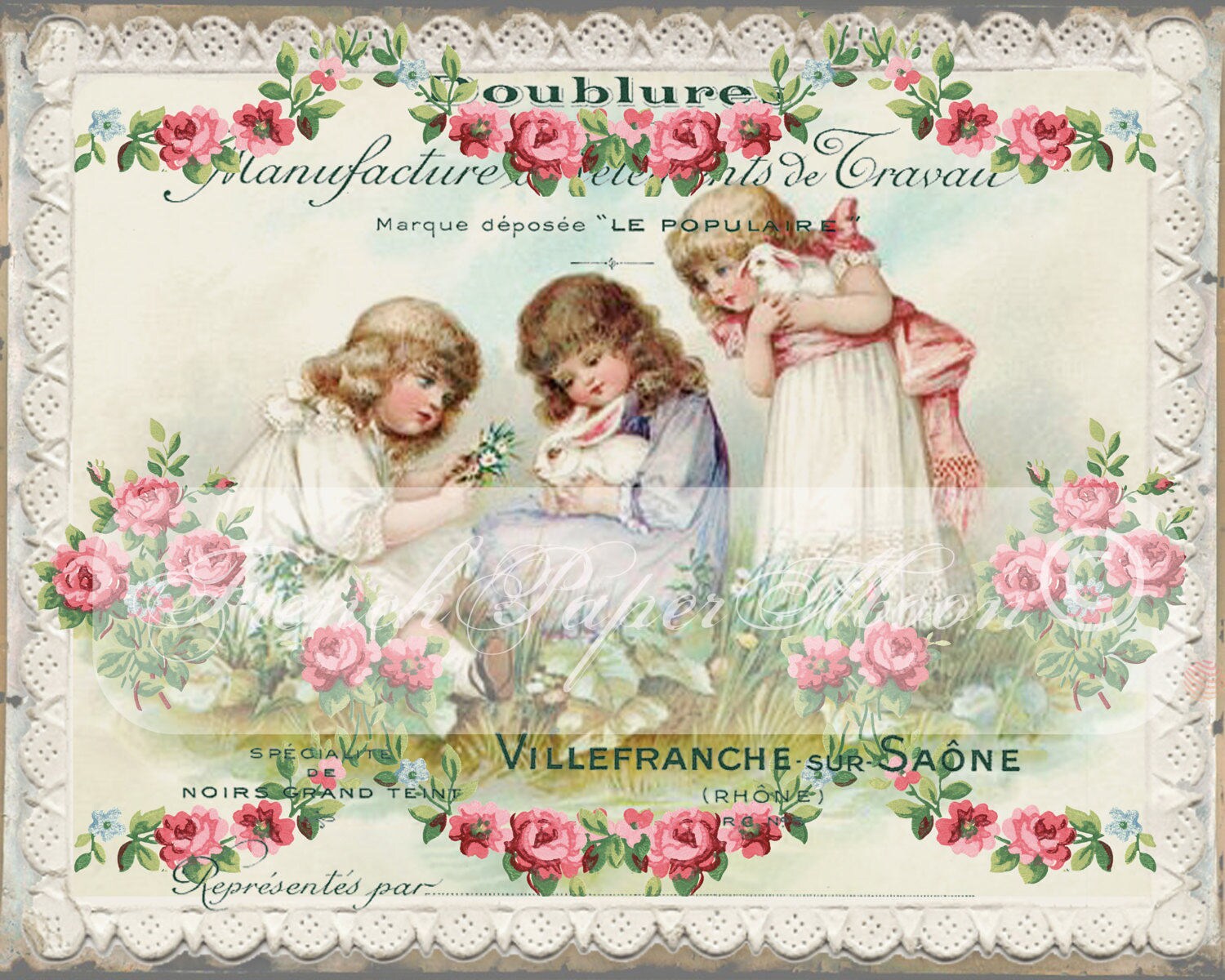 Victorian Digital Children Vintage Girls With Bunnies Easter