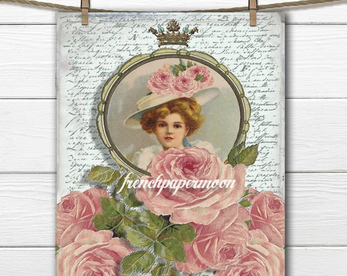 Shabby Victorian Rose Lady, French Graphics, French Iron On Transfer, Large Image, Craft Supply