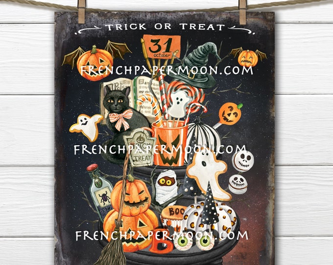 Halloween Candy, Tiered Tray, Digital, Trick or Treat, Jack-O-Lanterns, Black Cat, Witch, Decor Sign, Fabric Transfer, Halloween Crafts