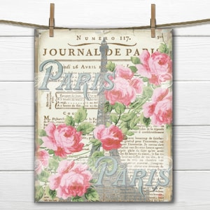 vintage Paris Digital Image, Paris années 1900, Shabby Tour Eiffel, Roses, Français Graphics, Pillow Transfer Graphic Download