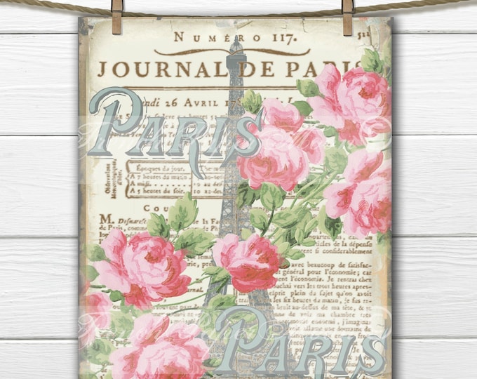Vintage Paris Digital Image, Paris 1900's, Shabby Eiffel Tower, Roses, French Graphics, Pillow Transfer Graphic Download