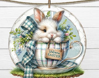 Round Easter Bunny Teacup Sublimation Design for DIY Spring Decor, Wreath Signs & Fabric Transfers PNG