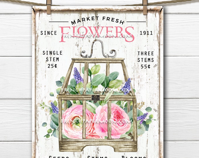 Spring Flowers, Market Fresh, DIY Flower Shop Sign, Muscari, Peonies, Pillow Image, Fabric Transfer, Wreath Decor, Wall Decor, Digital Print