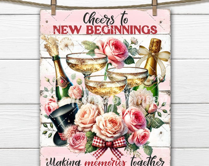 New Year Cheers to new beginnings tiered champagne glasses with roses PNG sublimation
