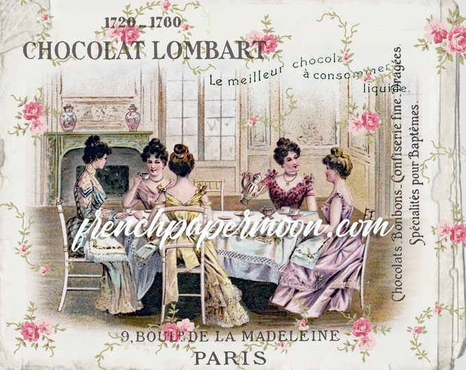 Victorian Tea Party, Vintage Ladies, Printable Holiday Party, French Chocolate, Pillow Image, Iron On Fabric, Digital Print, Crafts